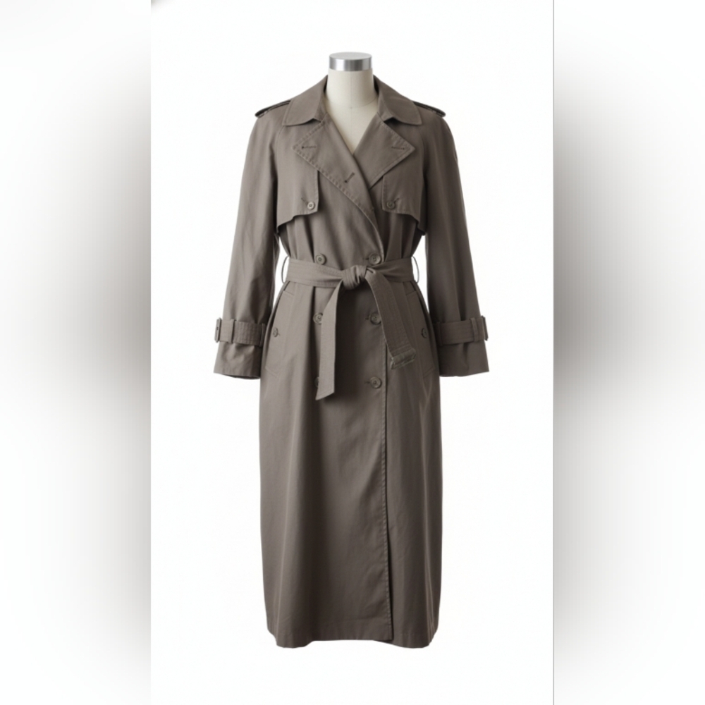 Women's Taupe Double-Breasted Long Trench Coat with Belt